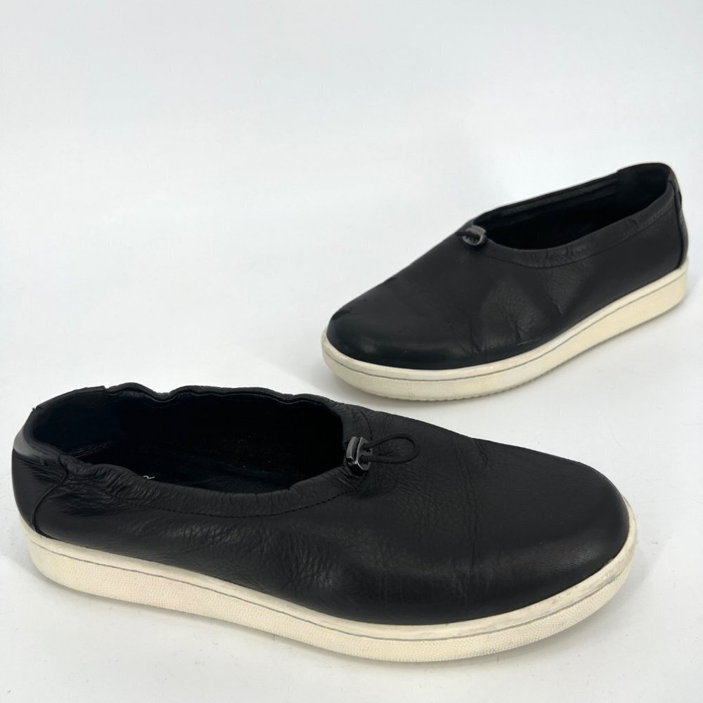 Eileen Fisher Sydney Slip-On Black Leather Sneaker Flats  Drawstring Size 7.5‎